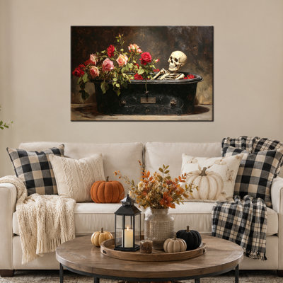 Art mural d'automne d'Halloween, décoration murale d'Halloween avec squelette et roses, art mural sur toile d'Halloween de style gothique pour entrée ou salon, 20 po x 30 po