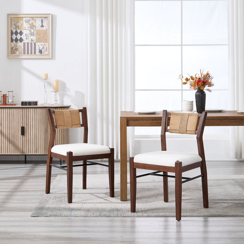 Farmhouse Solid Wood Dining Chairs With Braided Rope Backrest, Upholstered Dining Chairs For Dining Room Parlor, White