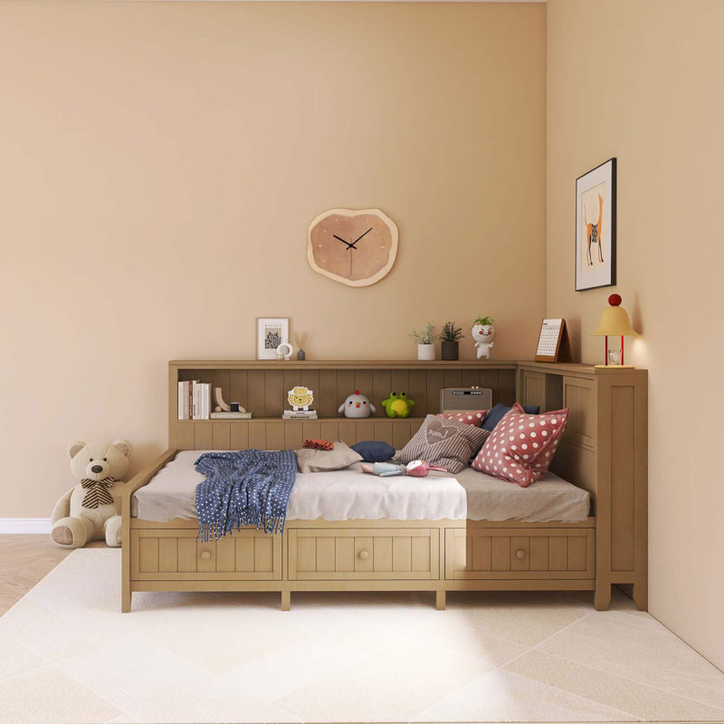 Lit de jour double en bois avec tablettes de rangement et 3 tiroirs, Complet/Double