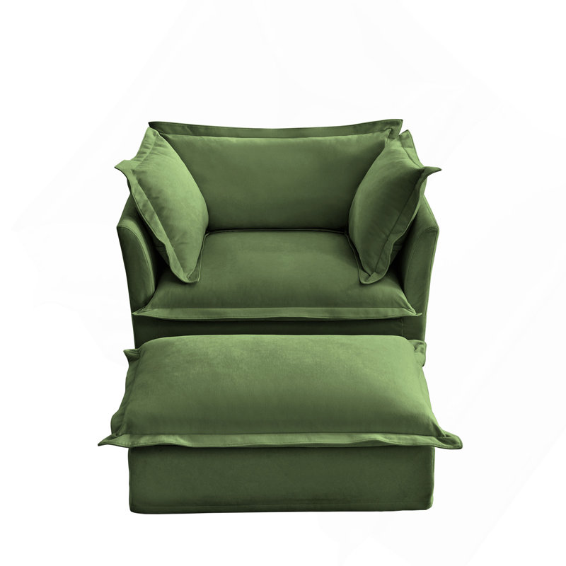 Fauteuil rembourré avec housse avec repose-pieds, Chenille - Vert