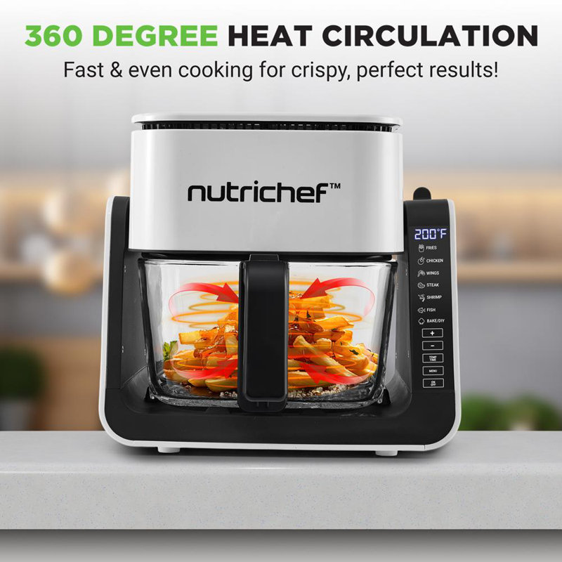 Nutrichef 1500W Electric Air Fryer & Grill With 4L Glass Pot, 7-In-1 Functions, Large Digital Control Panel, Timer, Temperature Display, And Safety Microswitch (White)