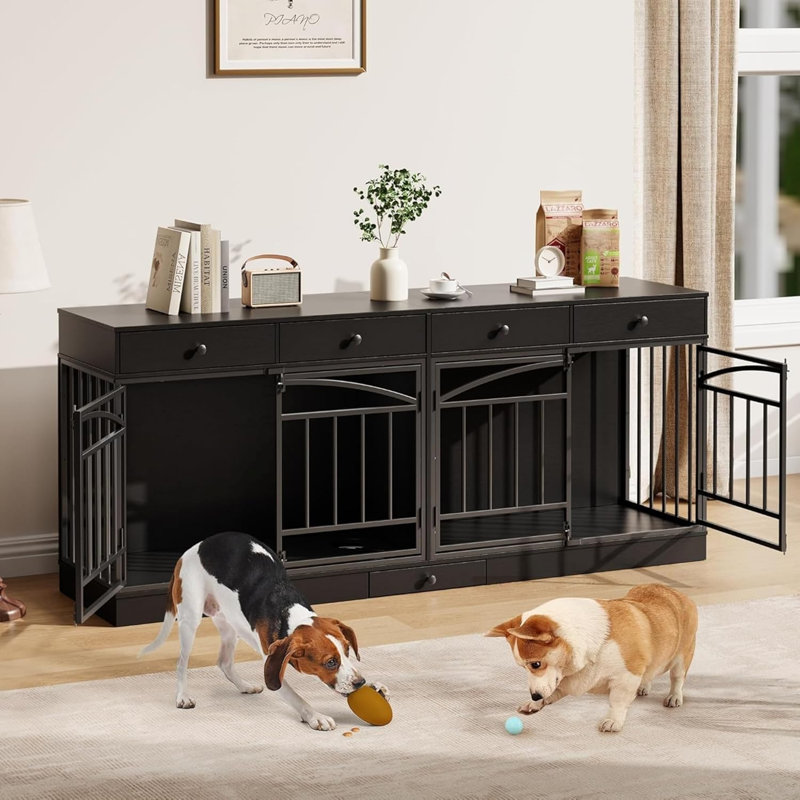 Meuble de cage pour chien pour 2 chiens, grand chenil d'intérieur 78,7 po avec 4 tiroirs de rangement, Noir
