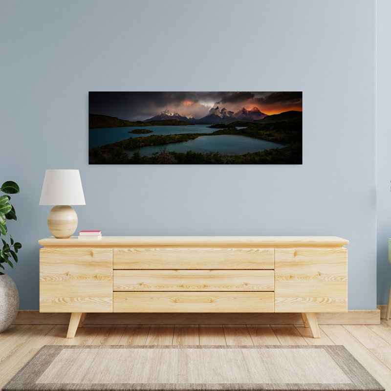 «Dramatic Lake Mountain Sunset», art dramatique serein et paisible paysage de montagne, H 16 po x l 48 po