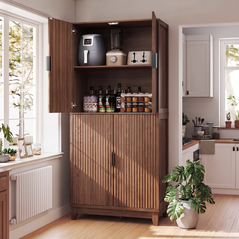 71" Tall Wooden Pantry Cabinet with Adjustable Shelves and 4 Doors – Freestanding Kitchen Storage Cabinet for Dining Room, Living Room, Bathroom