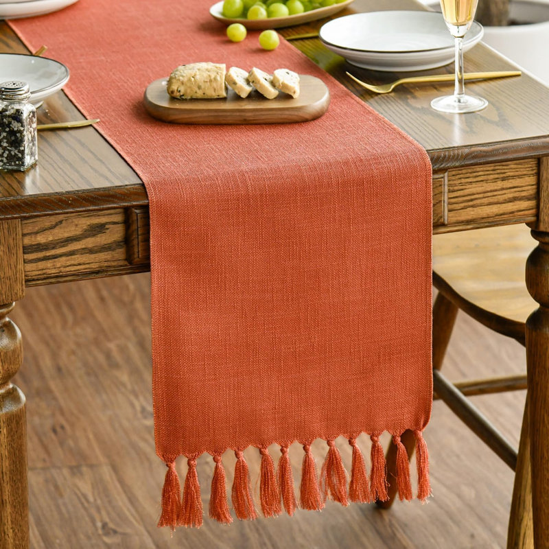 Terracotta Orange Boho Rustic Farmhouse Fall Tassel Table Runner, 33x143 cm Autumn Kitchen Dining Decoration Wedding Holiday Party Decor