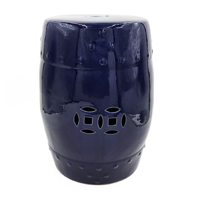 Tabouret en céramique bleu cobalt en forme de tonneau avec motif ajouré, table d'appoint d'inspiration Ming, tabouret en céramique en forme de tambour pour une utilisation intérieure et extérieure couverte