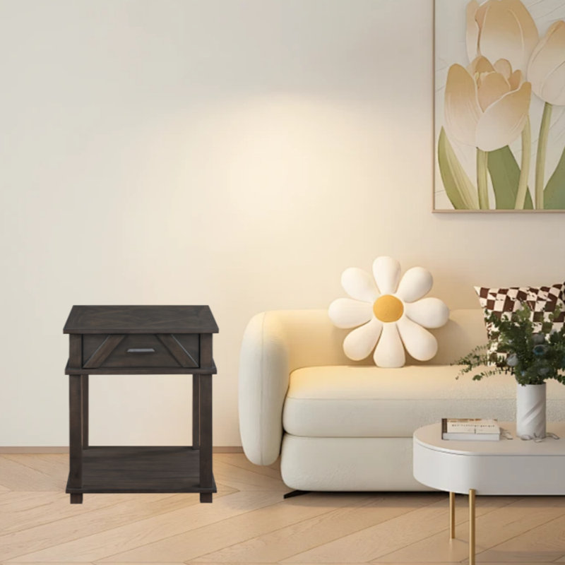 26''H Retro Solid Wooden End Table | Freestanding Rectangular Bedside Storage Cabinet