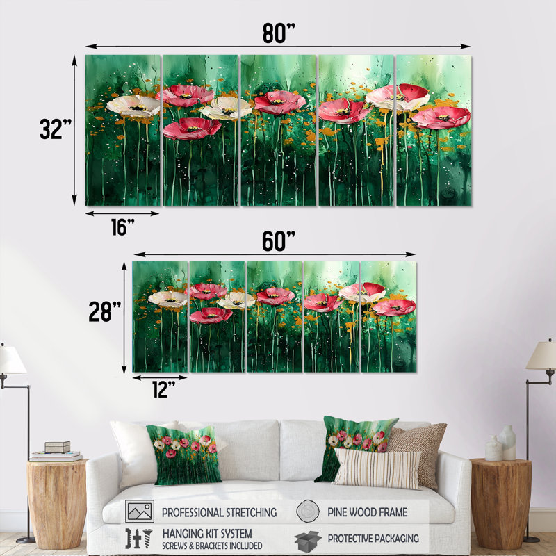 Emerald Dance of the Poppies II - Art mural - Ensemble de décoration murale, 5, H 32 po x l 80 po