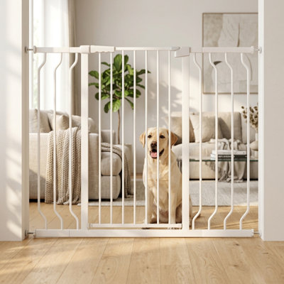 40.55"Tall Adjustable Pet Gate - Pressure Mount Metal Safety Barrier, Auto-Close, Extensions for Wide Doorways White