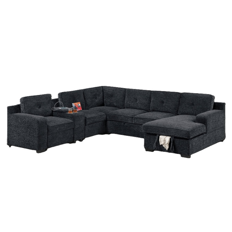 Canapé modulaire rembourré moderne en chenille 4 pièces avec méridienne et rangement, Chenille noir