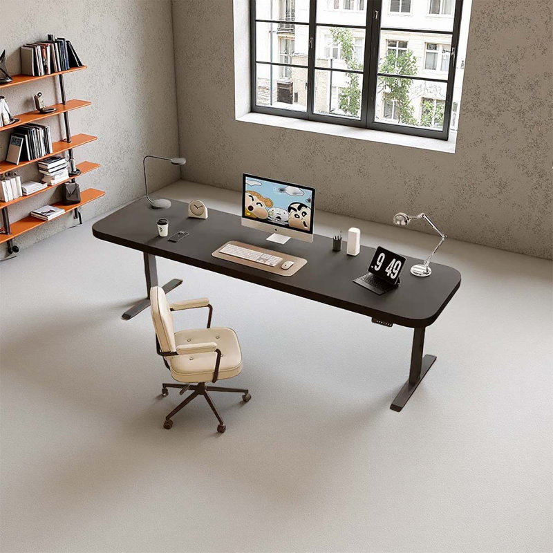 Black solid wood height-adjustable table, 29.5" H x 78.74" W x 23.62" D