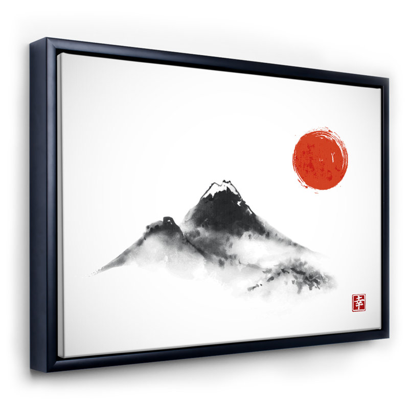Lune rouge japonaise en traditionnel Sumi-E III - reproduction sur toile avec cadre flottant, H 36 po x l 46 po x 1,5 po