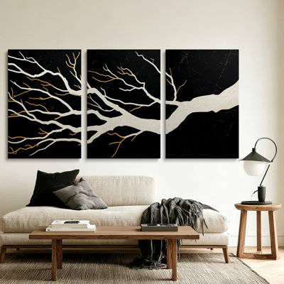 Ensemble minimaliste de trois toiles représentant des silhouettes de bouleaux dorés, montées sur châssis, 40 x 90 cm (16 x 36 pouces) - Décoration de couloir