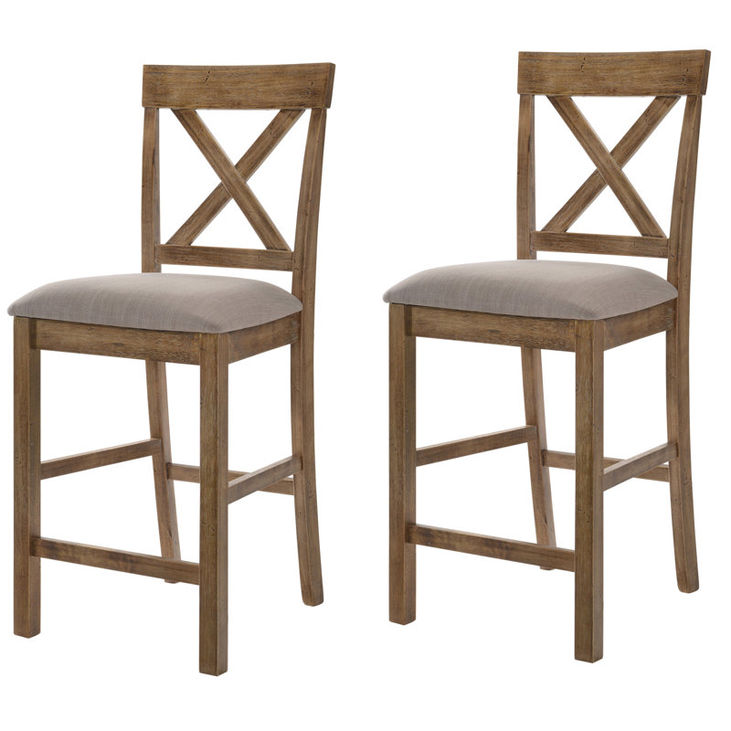 Tabourets à hauteur de comptoir avec revêtement beige et dossier croisé - de 2 pour le tissu brun clair, dossier, pieds