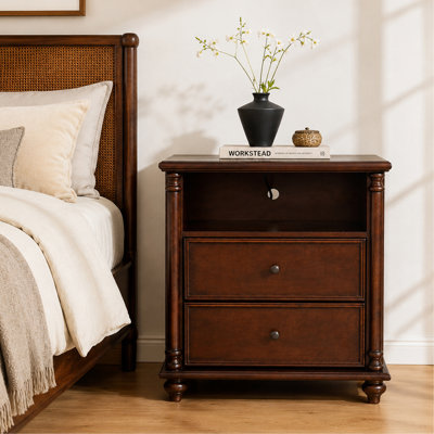 28"Nightstand with Charging Station, Rustic Brown Nightstand, 2 Drawers End Table, Bedside Table Walnut for bedroom