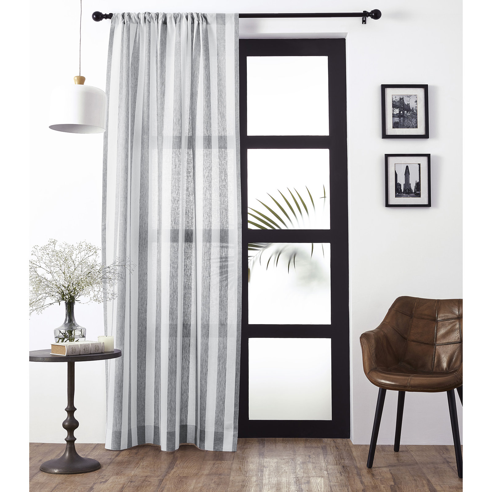 Striped Pure Linen Semi-Sheer Curtain Panel, Grey and White, 52" W x 84" L