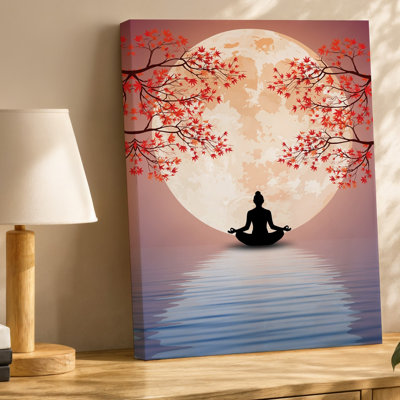 Toile, scène sereine représentant une silhouette de méditation, art mural assis en position en tailleur contre une grande toile