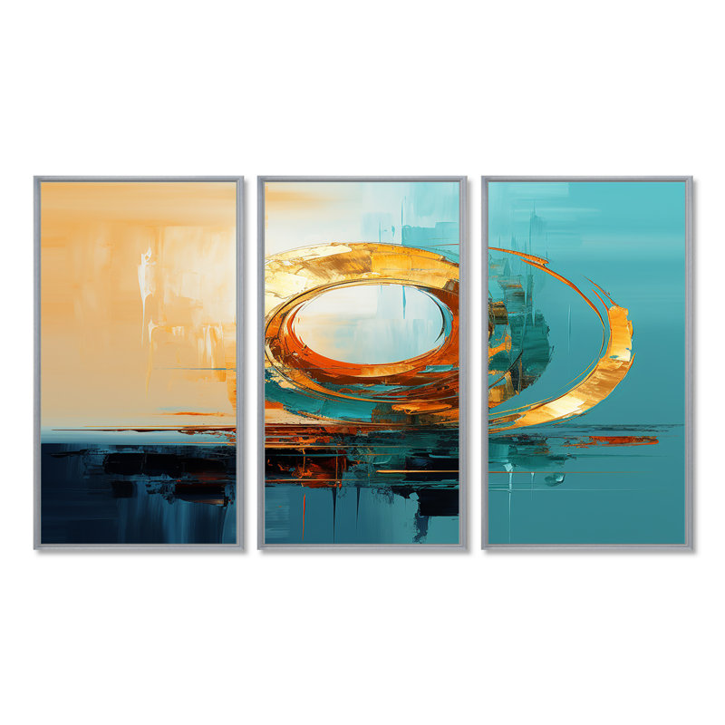 Golden Horizon - ensemble d'art mural abstrait, Encadrement argenté, H 32 po x l 48 po x P 1 po
