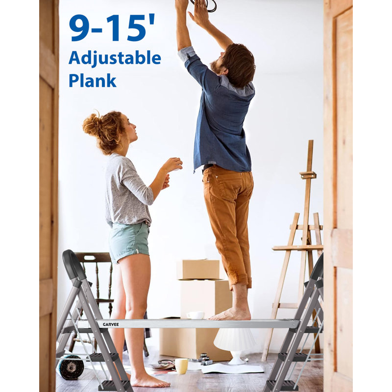 Planche de travail en aluminium 9 à 15 pi - Plateforme d'échelle robuste d'une capacité de 440 lb - Échafaudage antidérapant pour peinture, cloison sèche et rénovation