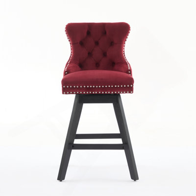 Velvet Barstools With Button Tufted Decoration And Wooden Legs, And Chrome Nailhead Trim