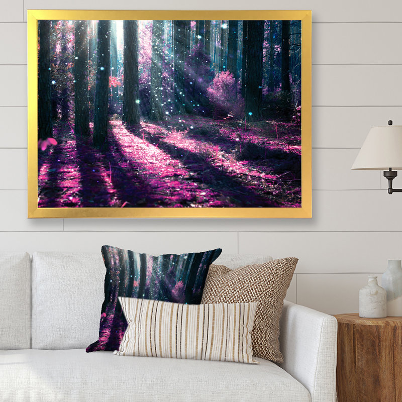 Mystic Purple Forest Sunrise - Art mural sur toile traditionnel, Cadre photo doré, H 12 po x l 20 po x P 1 po