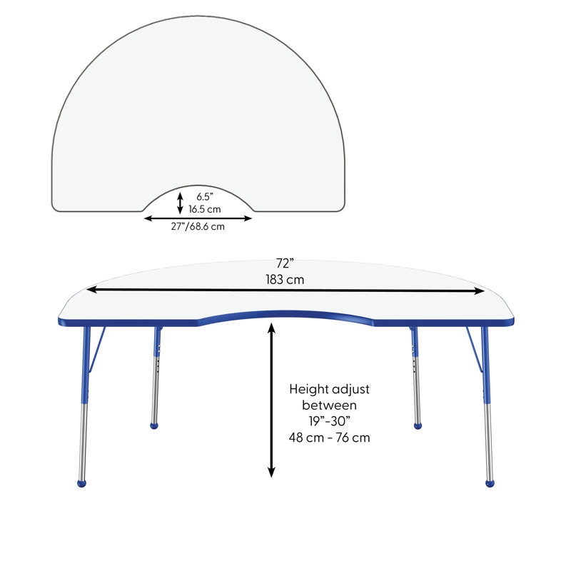 Table d'activité demi-lune effaçable à sec avec pieds réglables - Blanc, Tableau blanc / bleu, Roulement à bille standard