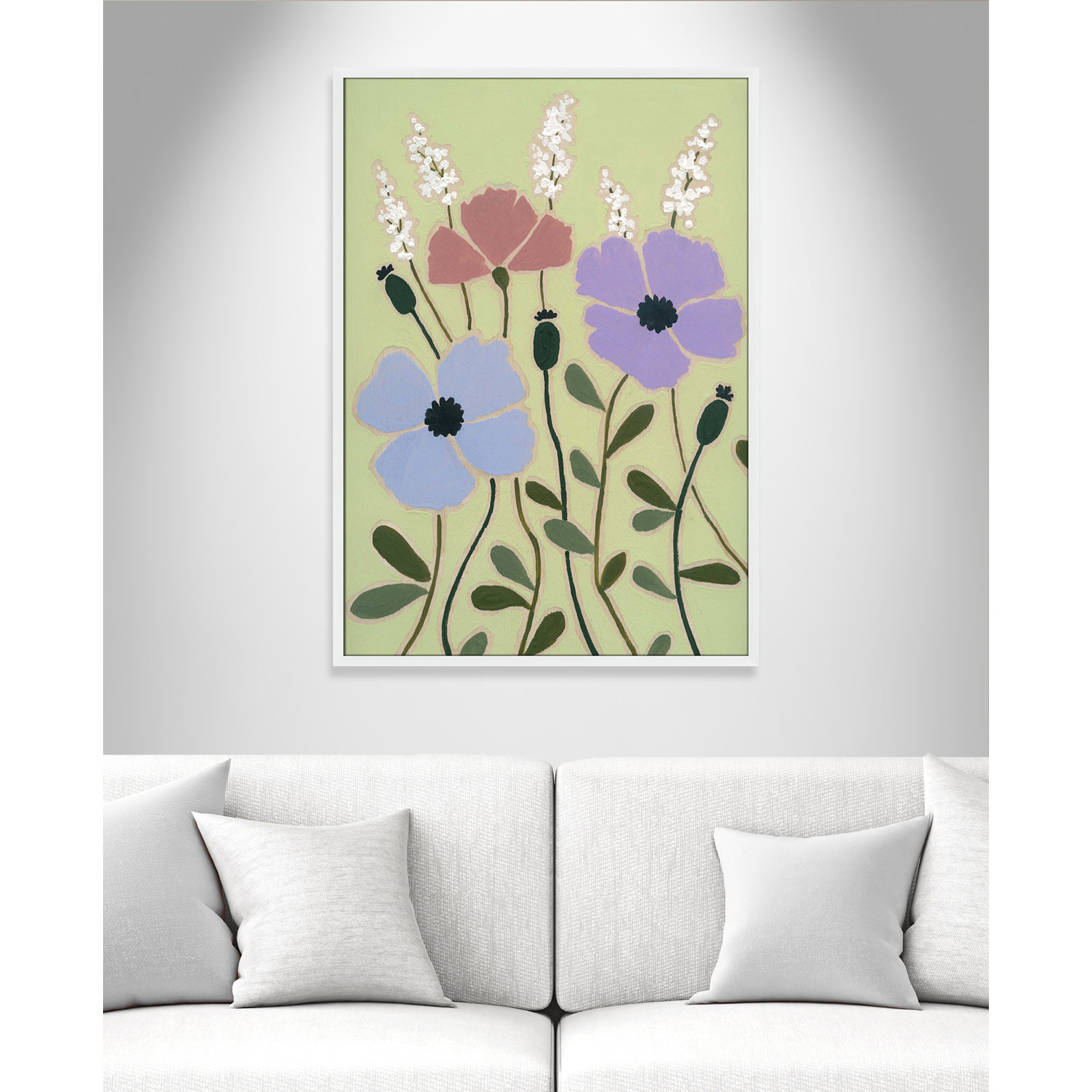 Maura "Woodblock Floral III" Print, 41.5" H x 29.5" W x 1.25" D, Satin White Framed