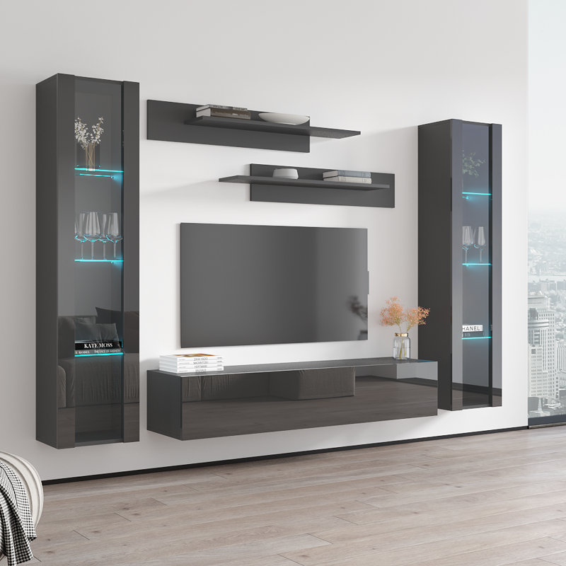 Villasenor 100" Modern Floating Wall Mounted Entertainment Center with 16-Color LED Lighting, High Gloss Finish, Gray