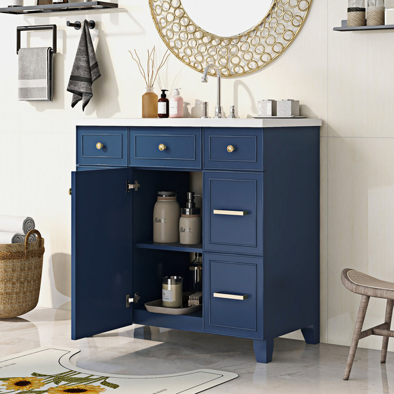 Meuble-lavabo simple avec plateau en résine Milous, Bleu marine