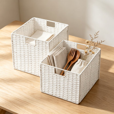 Paniers en osier tissés à la main pour le rangement, cubes en corde de papier pliables avec poignées, bacs de rangement carrés pour tablettes, placards et décoration intérieure, paquet de 2