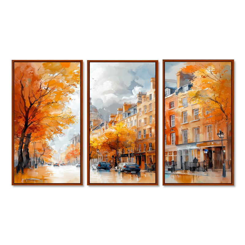 Irlande, paysage urbain de Dublin en automne - ensemble de salon d'art mural Irlande, Toile avec cadre flottant brun