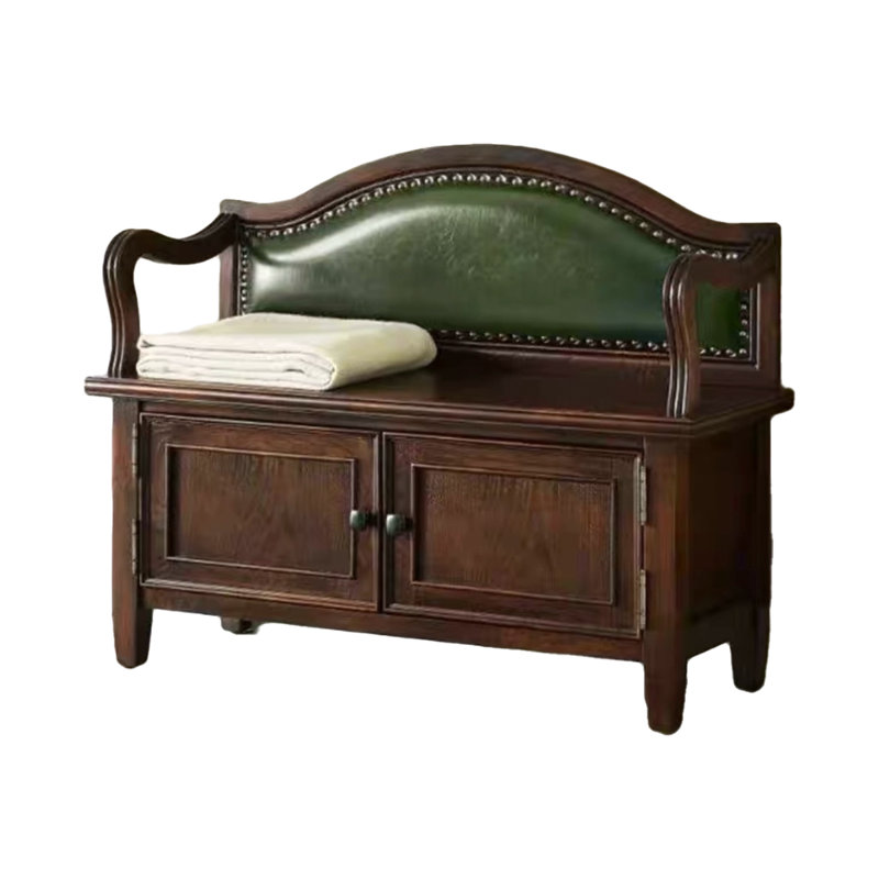 Traditional Solid Wood Shoe Bench with Leather Backrest, Green