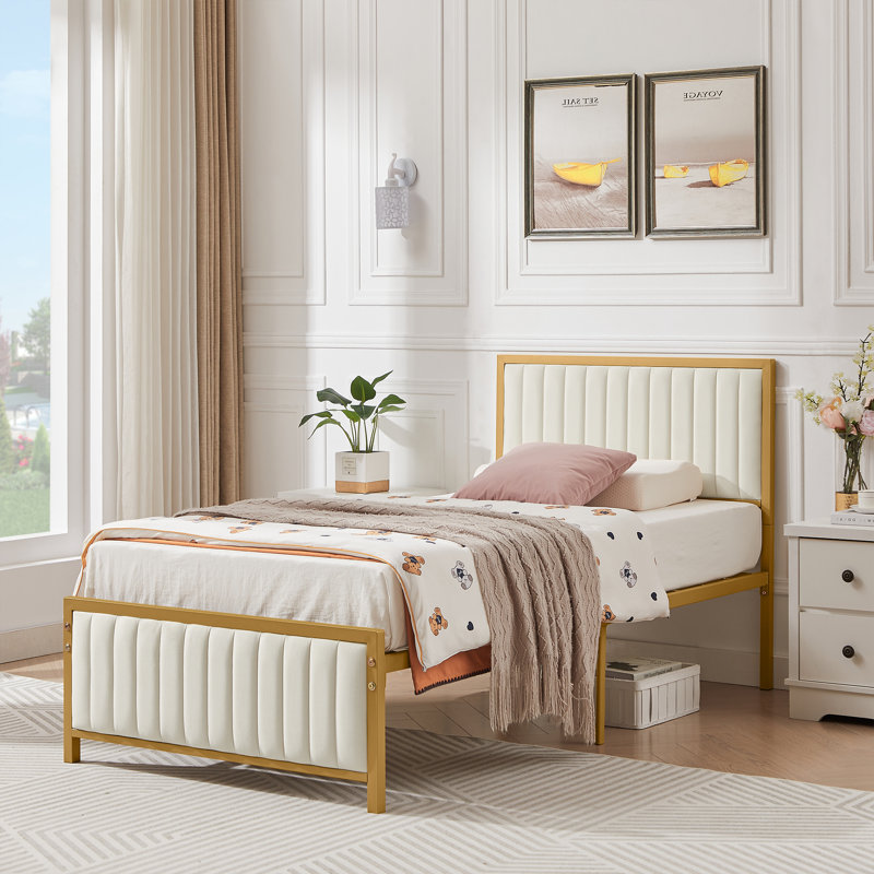 Cadre de lit plateforme rembourré avec tête et pied de lit capitonnés à canaux verticaux, sommier à lattes métalliques robustes pour lit simple, sans sommier tapissier, beige