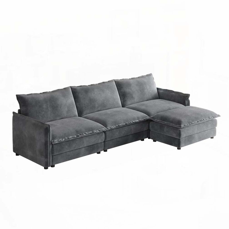 Canapé en velours côtelé confortable à 3 places avec repose-pieds en velours Corduroy, Gris