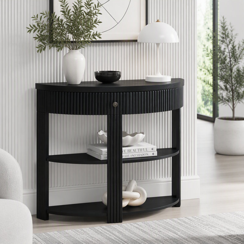 Console cannelée demi-lune avec tiroir et tablettes, Black