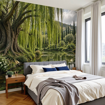Peel and Stick Wallpaper Serene Weeping Willow Tree Overlooking Tranquil Lake Water Lilies Wall Murals 100"H x 144"W Removable PVC Wall Paper Self-Adhesive Wall Decor for Bedroom Living Room Home Office