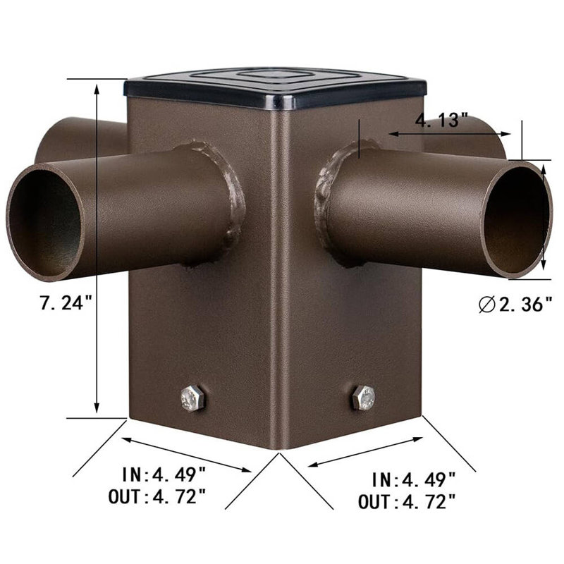 Adaptateur carré quadruple quadrilaté de 4 pouces, 4 tenons horizontaux 90 ° en acier bronze pour feu de position ajustable à DEL, convient aux poteaux carrés de 4 pouces