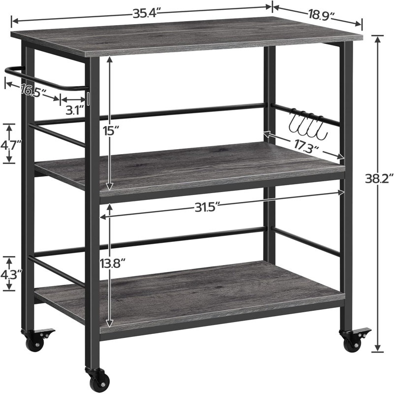 Industrial Kitchen Island Cart With Storage, 3-Tier Rolling Kitchen Cart With Large Workstation, Side Enclosures, And 4 Lockable Casters, Charcoal Gray