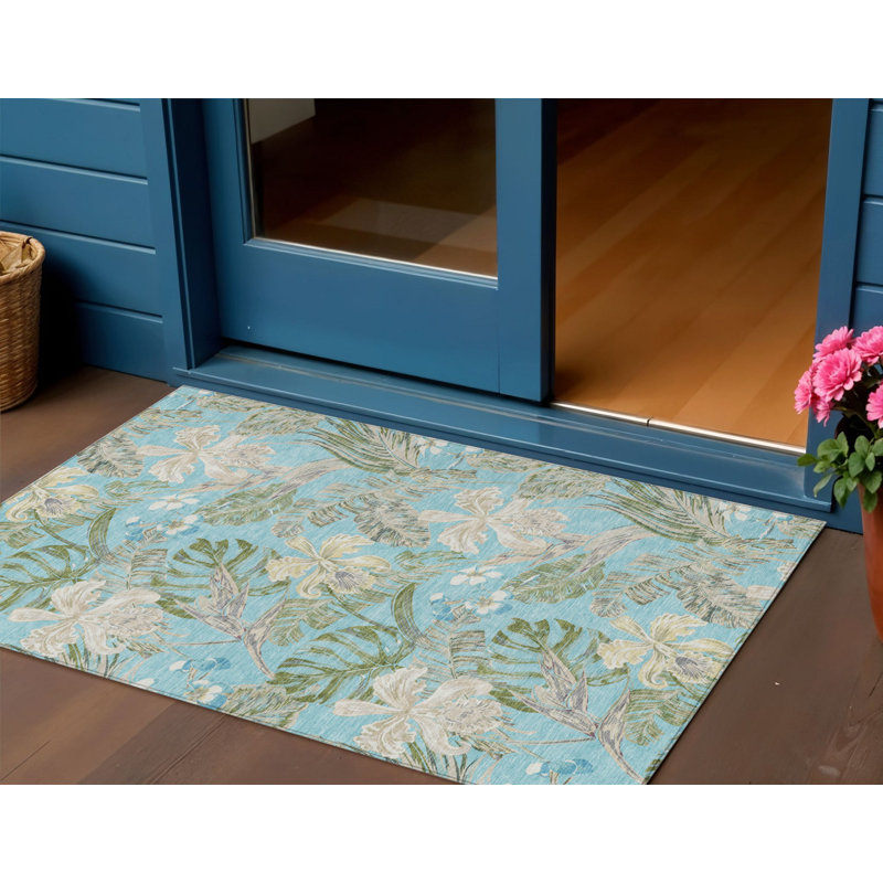 Tapis lavable intérieur / extérieur bleu sarcelle / vert olive 3 pi x 5 pi Fabre