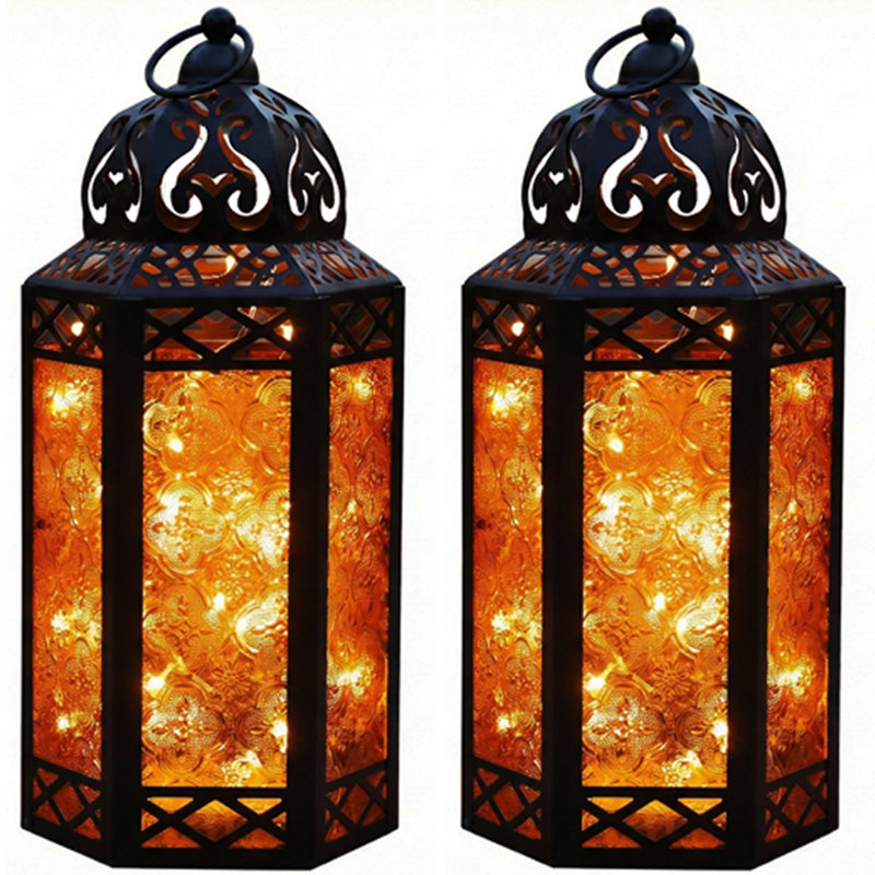 Moroccan Candle Lantern with LED Fairy Lights, Black/Amber, 12" H x 5.75" W x 4.4" D