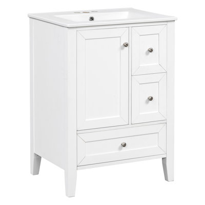 24 Inch White Bathroom Vanity with Ceramic Sink, Modern Freestanding Storage Cabinet with 3 Drawers and Solid Wood Frame