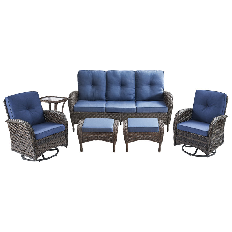 Aristil 5-Person PE Wicker Outdoor Patio Conversation Set With Swivel Glider Chair With Ottomans And Cushions, Blue