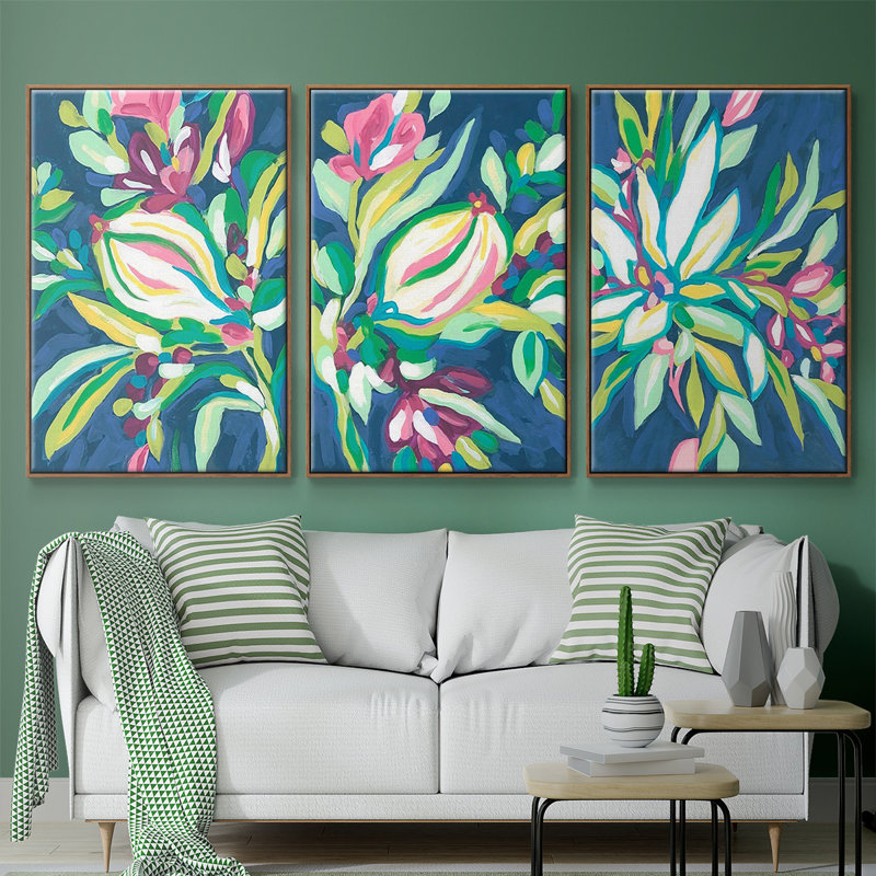 Blue Tropics I - ensemble de 3 reproductions sur toile, Noyer, H 36 po x l 72 po x P 2 po