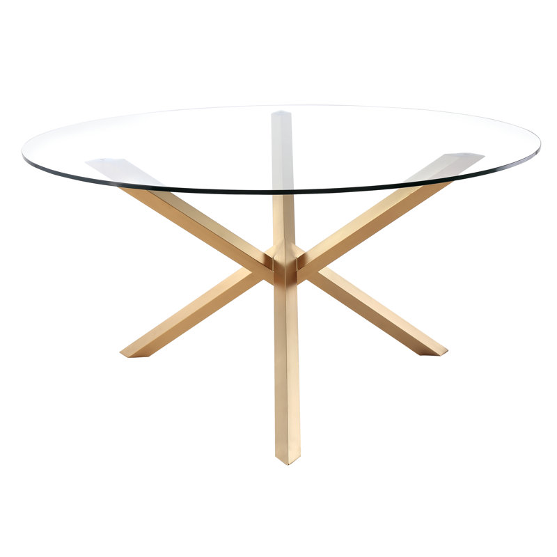 Round Glass Top Dining Table – Tempered Glass with Gold Metal Base, Modern Kitchen or Dining Room Table, 3-Pedestal Design