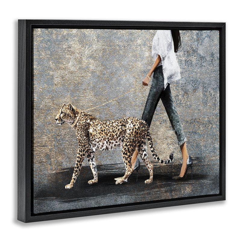 «Trendy Woman with Leopard» par Svetlana Aleynikova, H 25 po x l 31 po, Cadre flottant noir de jais