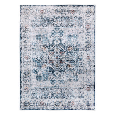 Winston Porter Blue/Coral Machine Washable Area Rug – Non-Slip, Stain Resistant, GRS Certified, for Bedroom, Living & Dining
