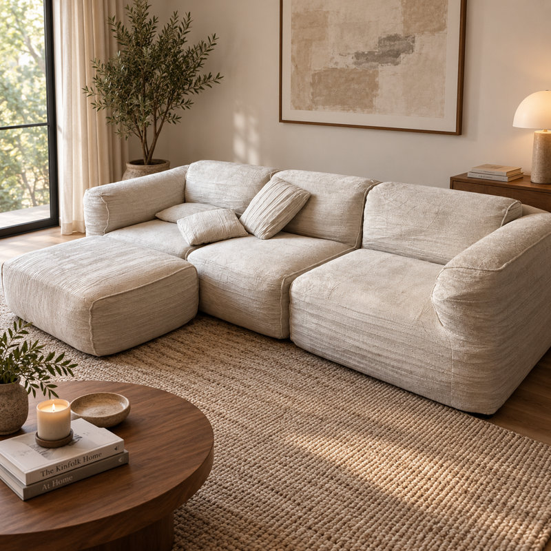 Canapé modulaire de 112 po avec repose-pieds et coussins moelleux pour salon moderne