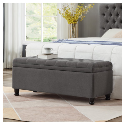 Banc de rangement rembourré en lin capitonné avec boutons, tissu gris foncé et pieds espresso