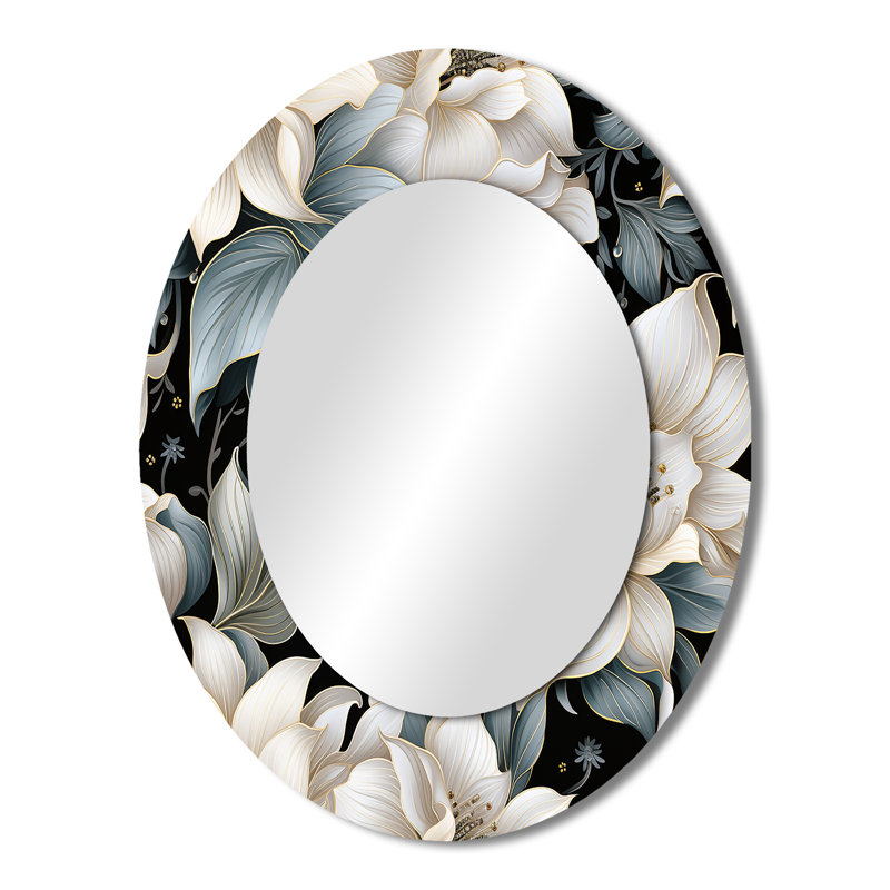 Motif de fleurs exotiques gris et blanc - miroir mural ovale traditionnel, H 43 po x l 33 po