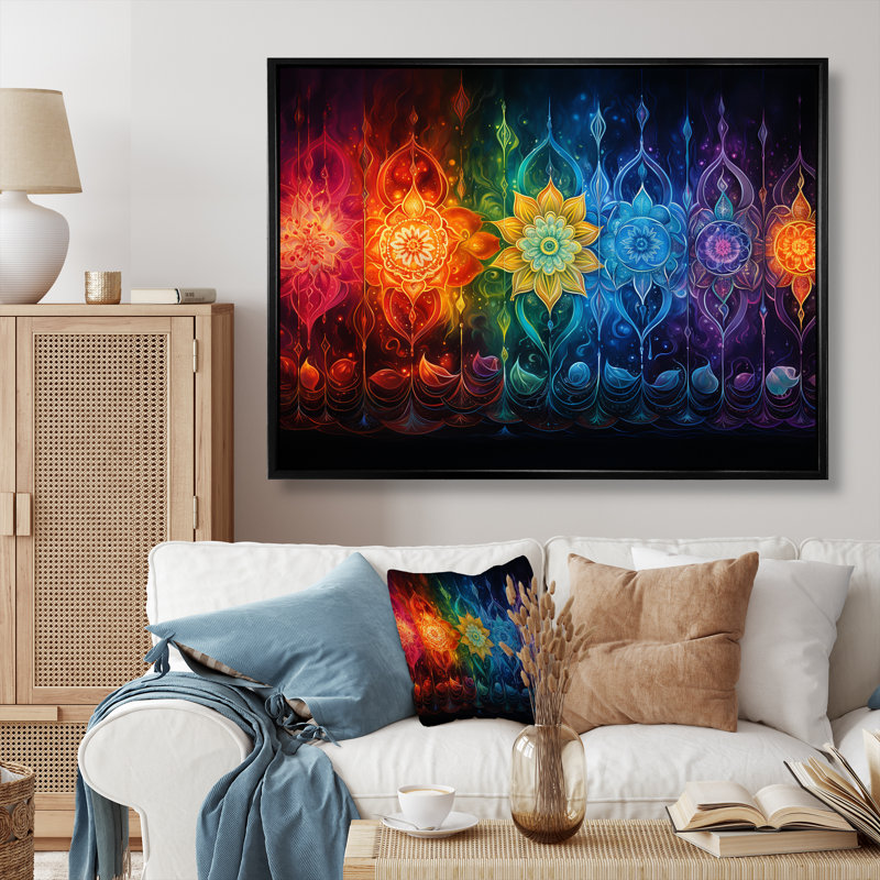 Chakras indou radieux arc-en-ciel - Art mural de l'hindouisme, Cadre flottant noir, H 12 po x l 20 po x P 1 po